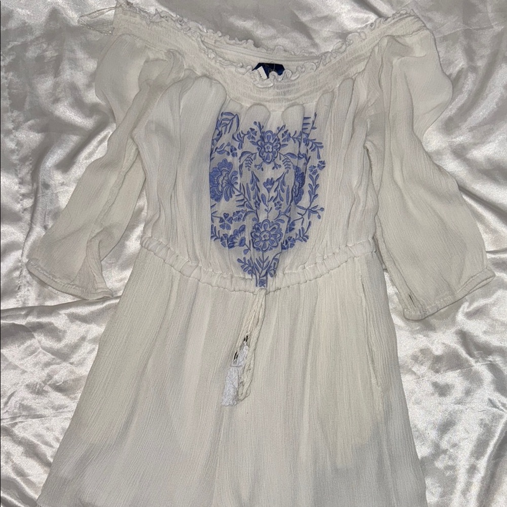 White Off-Shoulder Flowy ROMPER with Blue Embroidery